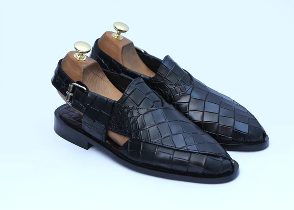 Hand Crafted Croc Leather Kheri Peshawari Chappal Black