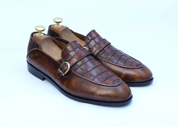 Two Tone Single Monk Half Croc Leather Shoes in Loafer Style