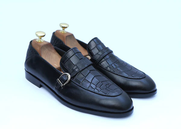 Black Single Monk Half Croc Leather Shoes in Loafer Style