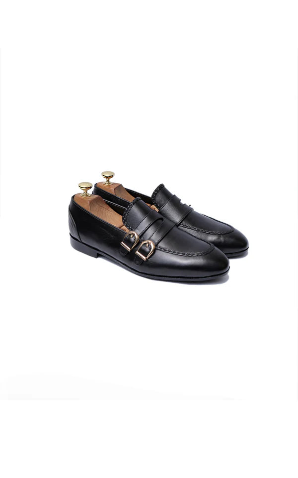 Stylish Double Monk Leather Shoes in Black